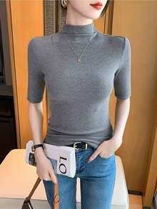 WOMEN'S HIGH NECK KNITTED BLOUSE WITH SIMPLE HALF SLEEVE, RIB FABRIC S M L - 灰色 - 查看 3