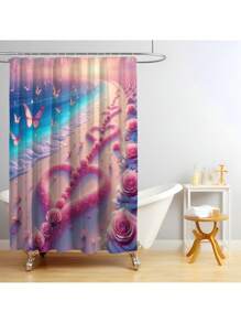 1 peça/4 peças Conjunto de Cortina de Chuveiro com Cenário de Praia Refrescante e Floral, Cria uma Atmosfera Romântica para o Banheiro, Cortina Impressa com 12 Ganchos, Tapete de Banheiro, Tapete em Forma de U para Vaso Sanitário, Tampa de Assento do Vaso Sanitário, Divisória de Banheiro, Acessórios de Banheiro, Decoração de Banheiro