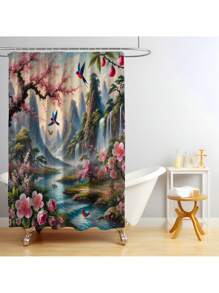 1 peça/4 peças Conjunto de Cortina de Chuveiro com Cenário de Praia Refrescante e Floral, Cria uma Atmosfera Romântica para o Banheiro, Cortina Impressa com 12 Ganchos, Tapete de Banheiro, Tapete em Forma de U para Vaso Sanitário, Tampa de Assento do Vaso Sanitário, Divisória de Banheiro, Acessórios de Banheiro, Decoração de Banheiro