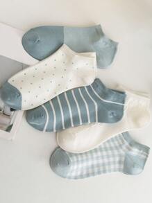5 Pairs Women's Solid Color Ankle Socks, Summer Boat Socks, Plaid Design