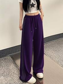 休閒束腰寬腿直筒褲配側邊條紋 - 紫色 - 查看 1