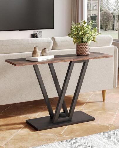 LITTLE TREE 43-Inch Industrial Console Table - Narrow Entryway & Living Room Sofa Table With Stable Metal Frame, Easy Assembly | Rustic Brown Accent Table