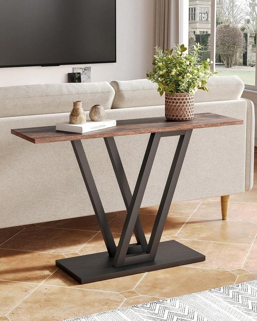 LITTLE TREE 43-Inch Industrial Console Table - Narrow Entryway & Living Room Sofa Table With Stable Metal Frame, Easy Assembly | Rustic Brown Accent Table - Brown - View 1
