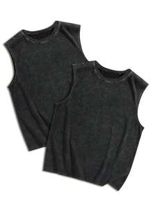 2 Stücke/Set Große Größen Herren Y2K Streetstyle Lässig Gewaschen Schneeflocken Muster Rundhals Trägershirt, geeignet für den täglichen Gebrauch, Frühling/Sommer - Schwarz - Übersicht 1