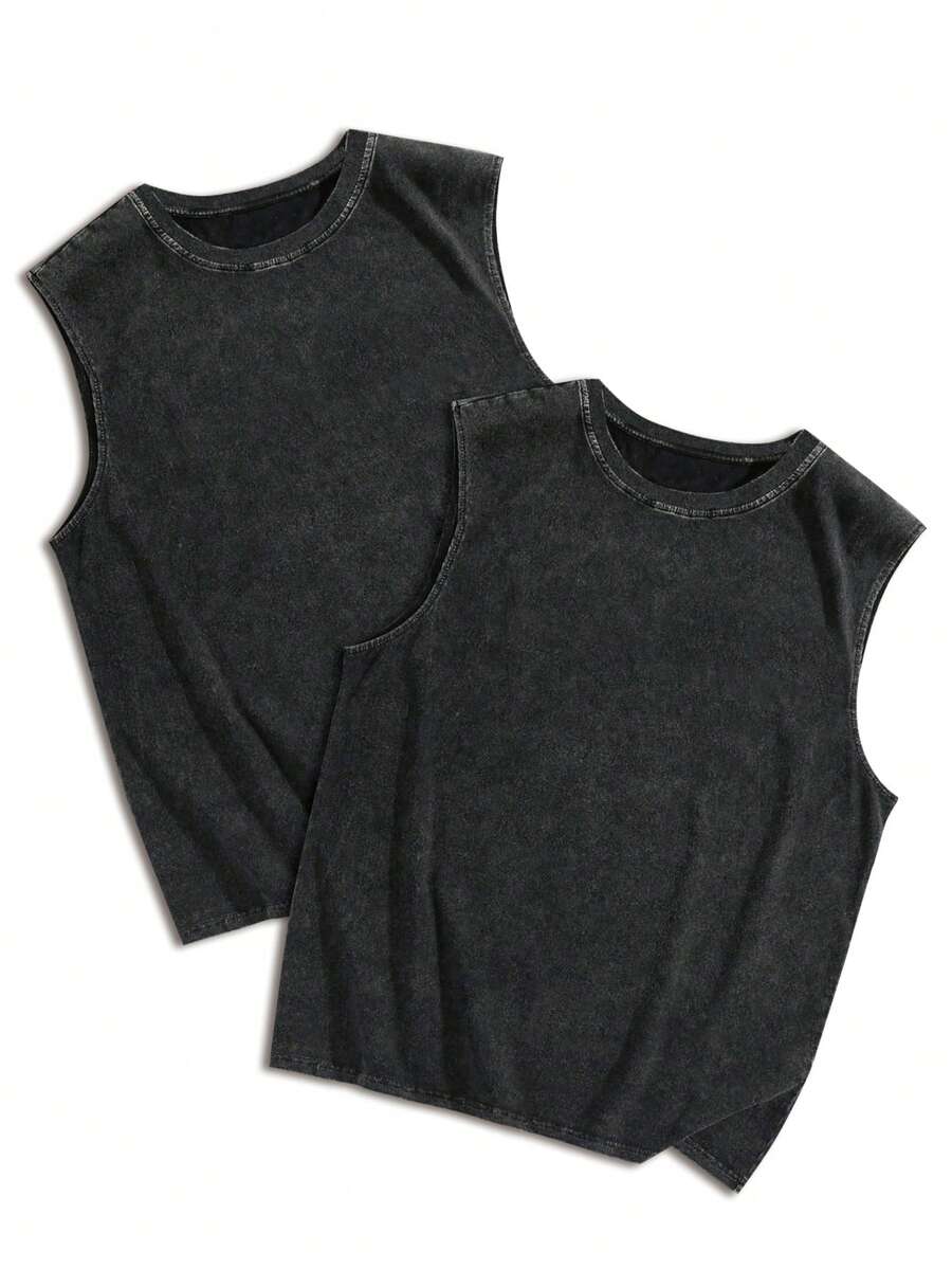 2 Stücke/Set Große Größen Herren Y2K Streetstyle Lässig Gewaschen Schneeflocken Muster Rundhals Trägershirt, geeignet für den täglichen Gebrauch, Frühling/Sommer - Schwarz - Übersicht 1