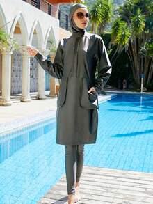 VFJ 女士端庄穆斯林泳衣全覆盖泳装伊斯兰头巾游泳布基尼泳衣纯色 - 灰色 - 查看 5