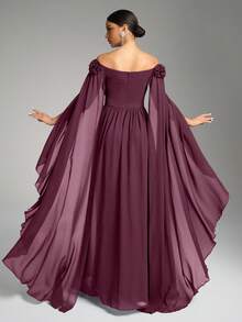 SUPGIR Off Shoulder Flare Sleeve Floral Decor Pleated Waist Chiffon Dress, Elegant Style - Red Violet - View 4