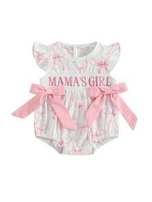 Baby Girl Summer Romper Bows Letter Embroidery Smocked Flying Sleeve Infant Jumpsuit - 白色 - 查看 3