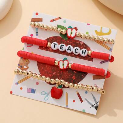 Set de 4 pulseras elásticas con dijes elegantes y de moda con la letra "TEACH" y una manzana, ideal para graduación y regalos festivos