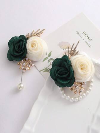 1 枚胸花 + 1 枚腕花，香槟色和蓝色双花，优雅花卉装饰，适合婚礼、新郎、新娘、伴娘、派对、仪式、日常佩戴手链