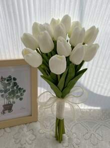 Bridesmaid Artificial Flower Bouquet For Wedding, White Tulip & Calla Lily Floral Arrangement, Bridal Bouquet, Wedding, Ceremony, Anniversary, Fake Flowers Spring Home Decor, Photography Props, Centerpiece, Party Table Decor, Holiday Decoration, Easter Gift, Birthday, Graduation
