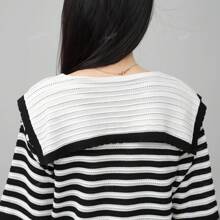 Marine Kragen Schwarz-Weiß Kontrast Design Frühling und Sommer Damen Kühle Seide Strick Kurzarm T-Shirt Mode Musikfestival