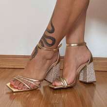 Women's Sandals Block Heel Rhinestone Shiny Straps Billiards Party Wedding - 金色 - 查看 2