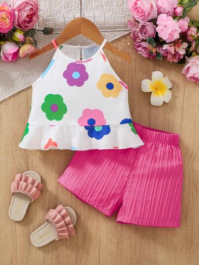 Set de 2 piezas con top de tirantes y pantalones cortos rosa con estampado floral digital para niñas, para el verano