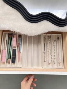 1/4pcs Beige Desktop Jewelry Display Storage Box Elegant Stackable Velvet Jewelry Tray Organizer - Portable Multi-Purpose Storage For Rings, Earrings, And Necklaces - Beige - View 8