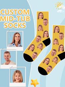 1 Pair Of Custom Family Photo Profile Socks, Fun Gifts For Couples, Valentine's Day, Birthdays And Special Occasions, Fun Socks, Fun Gifts For Couples, Valentine's Day, Birthdays And Special Occasions, Fun Socks, Mother's Day, Father's Day, Family Custom Face Socks - Custom Photo Calf Socks, Fun Gifts