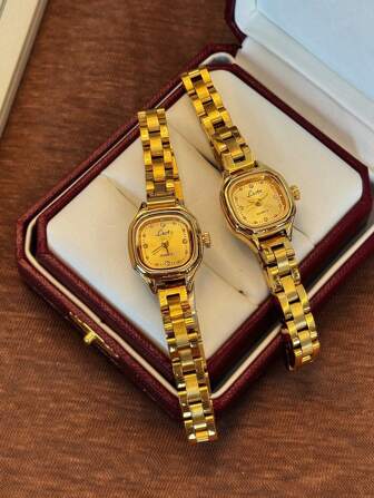 1 Piece Of Gold New High-End French Fashion Simple And Elegant Personalized Exquisite Inlaid Rhinestone Ladies Watch Small Temperament Retro Light Luxury Versatile Waterproof Watch Female Quartz Watch Suitable For Leisure Vacation Party Wear And Daily Decoration Can Be Used As A Birthday Holiday Gift