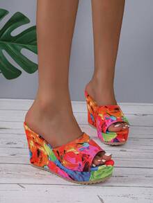 Women's Fashion Printed Patterned Round Toe Anti-Slip Chunky Platform Sandals - Multicolor - View 4