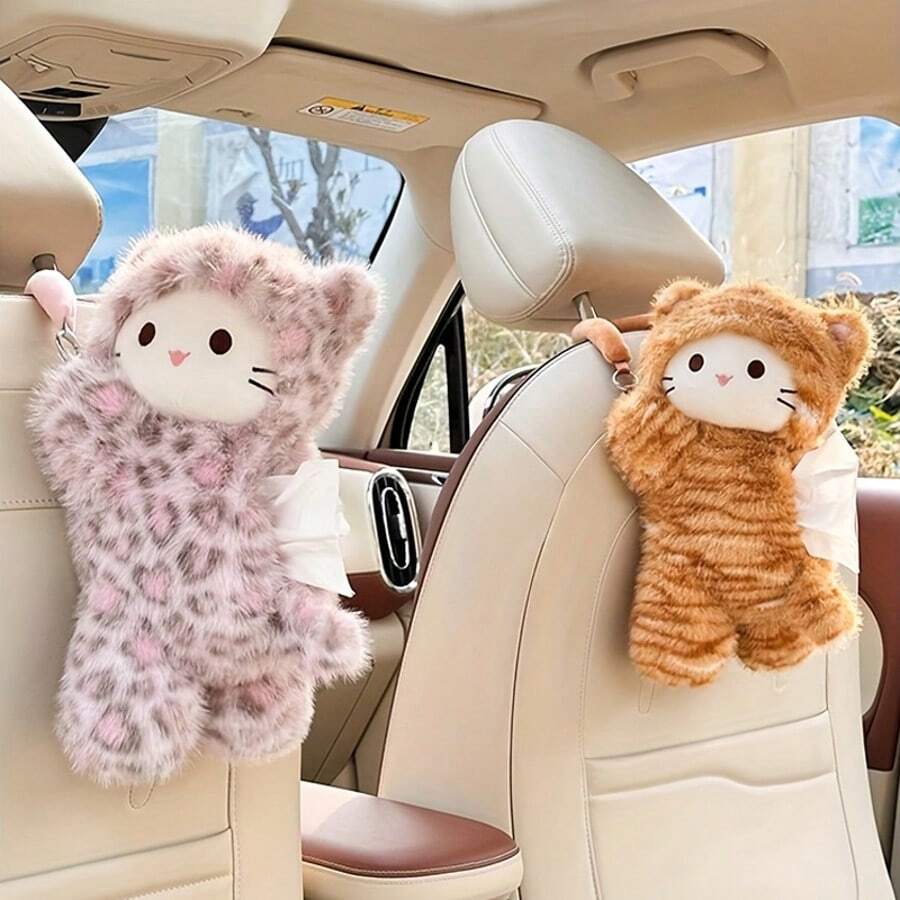 1pc Pink Leopard Print Cat Tissue Paper Box, Cute Plush Soft Material Car Tissue Holder, Hanging Type Tissue Box Suitable For Multiple Vehicle Models
