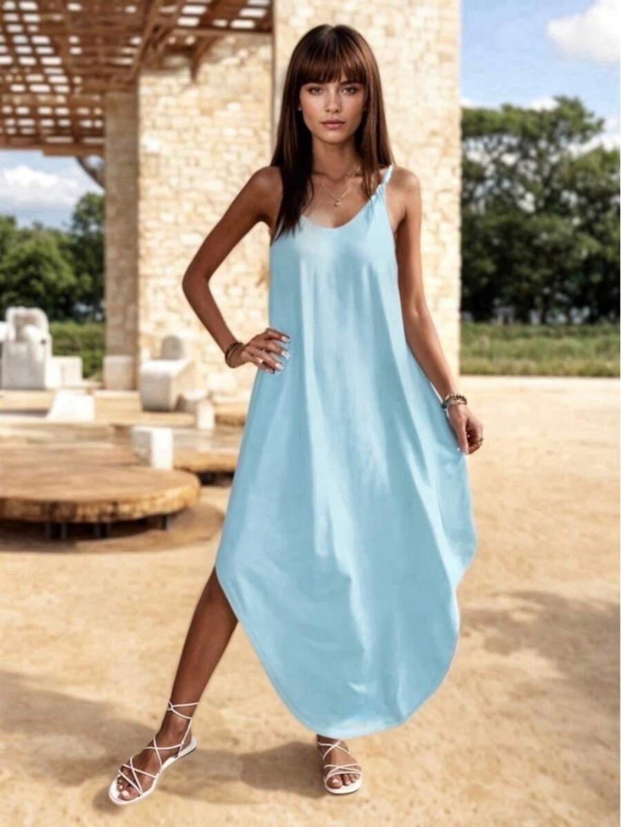 Vestido Midi Holgado de Escote en V con Tirantes - Neblina azul - Ver 1