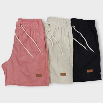 Kit 3 Shorts De Linho Premium Bermuda Mauricinho Masculino Casual Basico Confortavel Detalhe Etiqueta De Couro