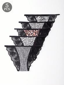 5 Pack Women's Leopard Print Smooth Polyester Low-Rise Hipster Underwear - Multicolor - View 1