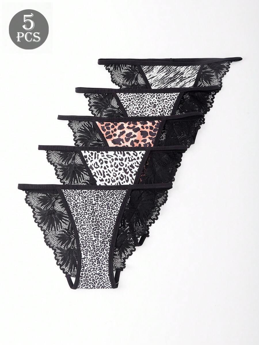 5 Pack Women's Leopard Print Smooth Polyester Low-Rise Hipster Underwear - Multicolor - View 1