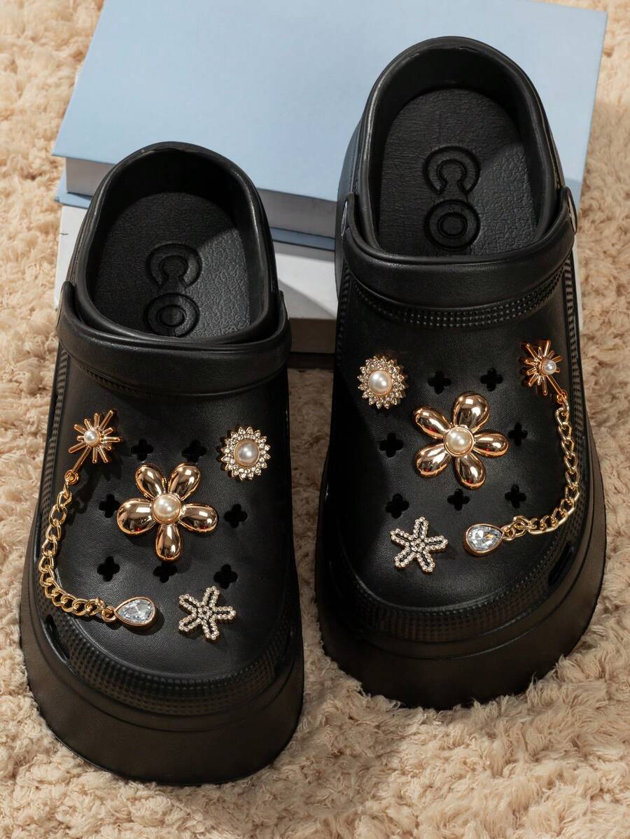 Scarpe da donna con design traforato, decorazione fai-da-te con paillettes, stile punk con suola spessa e design traforato, scarpe da giardino confortevoli - nero - Visualizzare 1