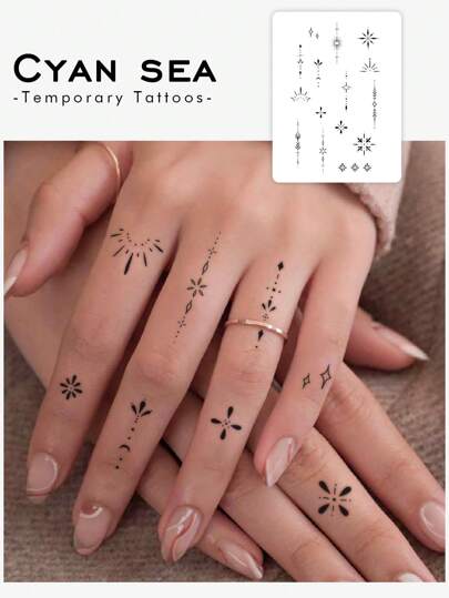 1pc Black Henna Geometric Pattern Temporary Tattoo Sticker, Sexy Black Herbal Tattoo Sticker, Waterproof Sweat-Proof Y2K Minimalist Design Finger Hand Arm Tattoo Suitable For Women