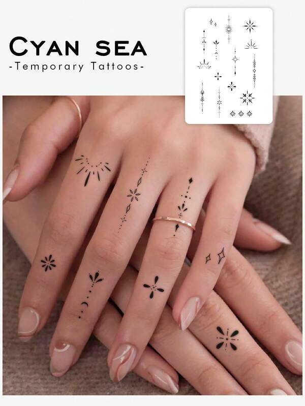 1 Stück schwarzer Henna geometrisches Muster temporäre Tattoo Aufkleber, sexy schwarzer pflanzlicher Tattoo Aufkleber, wasserfest schweiß-fest Y2K minimalistisches Design Finger Hand Arm Tattoo geeignet für Frauen