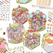 4pcs Rainbow Fortress 3D Stickers Creative Miniature Scene Layout Sticker Set