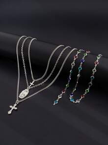 4pcs Set Retro Luxurious Colorful Crystal Y-Necklace, Men's Punk Metal Jesus Cross Pendant Long Necklace Set - Four-piece Necklace Set - View 8