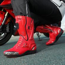 Waterproof Professional Racing Motorcycle Boots, Durable And Fashionable Unisex Motorcycle Boots With High-Top Super Microfiber Leather, Excellent Grip And Ankle Support, Anti-Slip And Anti-Kick Suitable For Off-Road Enthusiasts, Motorsports Competition Racing Track Boots, Motorcycle Racing Boots, Traffic Police Riding Boots, Racing Boots (Leather Pattern On Uppers Is Random In Black Or White) - Red - View 5