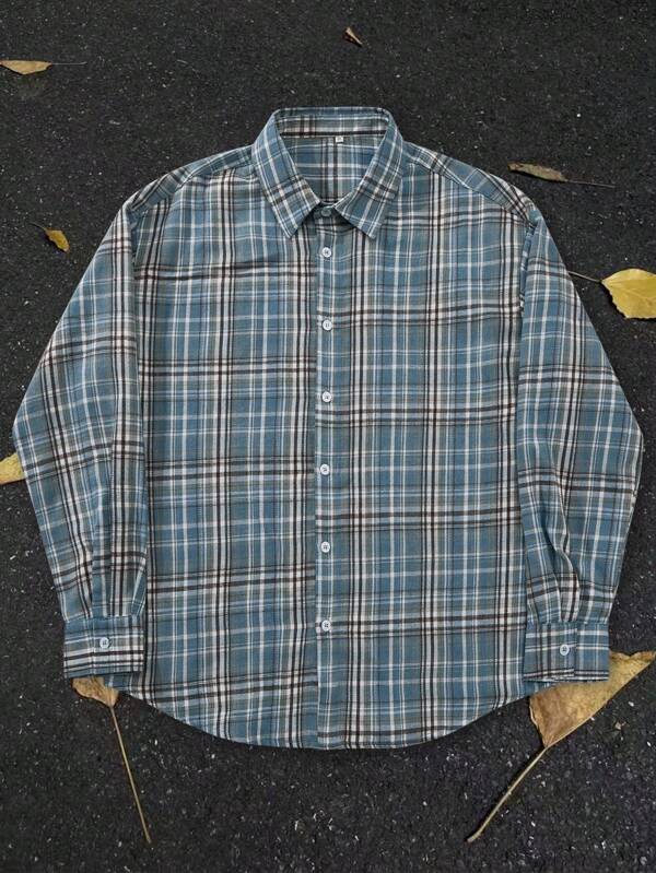 Soft & Comfortable Casual Blue & Brown Plaid Long Sleeve Collared Shirt, Spring/Autumn
