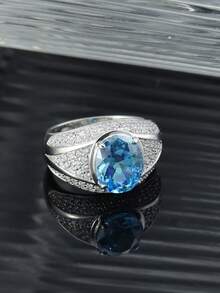 1pc S925 Silver Topaz Ring For Men, Featuring Synthetic Topaz, Luxurious & Elegant, Suitable For Weddings, Banquets, Parties, Father's Day & Mother's Day Gifts - 銀色 - 查看 4