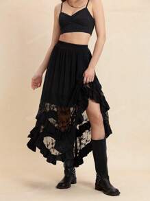 Rusttydustty Gonna midi a pieghe elegante e vintage in stile bohémien, con elementi in pizzo nero e motivo asimmetrico, adatta per outfit da spiaggia, festival musicali Hawaii Coachella e vacanze tropicali