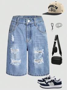 Tween Boys Distressed Pocket Casual Denim Shorts, Suitable For Summer