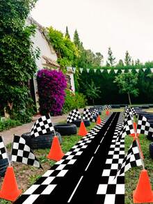 1 Pieza Tapete de mesa de plástico con temática de autos de carreras, Mantel de fiesta de cumpleaños con temática de autos de carreras, Diseño de bandera a cuadros blanco y negro, Decoración de accesorios de pista de carreras, Decoración de fiesta de cumpleaños de carreras, Decoración de eventos deportivos de carreras, Decoración de mesa para el hogar - Blanco y Negro - Ver 7
