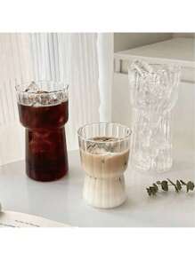 1PC Striped Minimalist Glass Cup, Transparent Iced Americano Coffee Cup, High-Quality Creative Breakfast Milk Cup - Milk Tea Cup, Cocktail Cup, Juice Beverage Cup, Fruit Tea And Flower Tea Cup, Ice Cream Cup, Soda Water Cup, Coffee Cup, School Supplies, Kitchen Tools, Suitable For Office, Restaurant Use