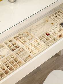 1/4pcs Beige Desktop Jewelry Display Storage Box Elegant Stackable Velvet Jewelry Tray Organizer - Portable Multi-Purpose Storage For Rings, Earrings, And Necklaces - Beige - View 3