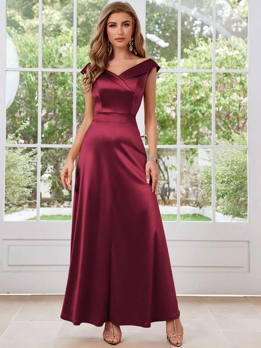 MUXXN 1950s Vintage Satin V-Neck Cocktail Dress - Burgundy - View 1