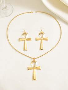 1 Set Fashion Minimalist Creative Ancient Egypt Ankh Cross Pendant Necklace & Earrings, Suitable For Women's Daily Wear - Gold - View 2