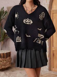 VIBEWAVE 女式 V 领破洞套头衫，适合万圣节、秋冬季