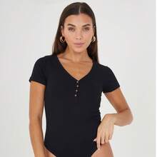 brave soul T-Shirt Bodysuit With Button Detail - Black - View 1