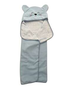 BABY BATH TOWEL LINED WITH 100% COTTON DIAPER FABRIC, EMBROIDERED HOOD WITH BEAR FACE - Blue - View 1