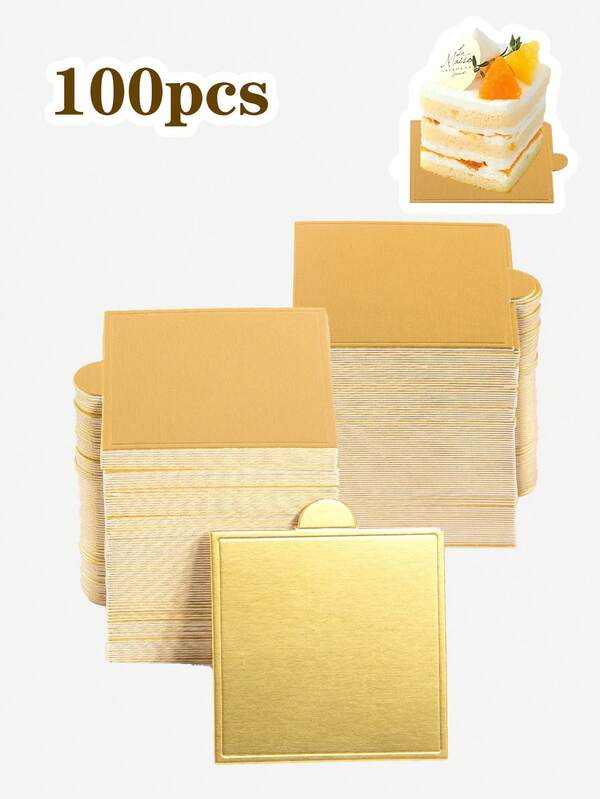 100 piezas de bandejas de papel dorado cuadradas de mousse, bandejas de papel para pasteles antiadherentes, diseño de bandejas de cartón para postres con asas fáciles de agarrar para cupcakes, bodas, fiestas de cumpleaños - Bandeja para hornear postres, tabla para tartas, bandeja de tartas elegante y lujosa, bandeja para gelatinas