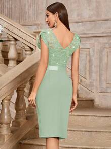 MIUSOL Elegant Sequin Lace Ruched Split Thigh Cocktail Party Bodycon Dress, Wedding Guest Dress