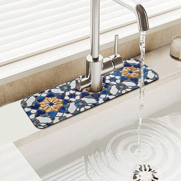 1 قطعة سجادة تجفيف الأواني ذات الطباعة البوهيمية الأزرق والأبيض، سجادة مقاومة للرطوبة وللتصريف مناسبة للمطبخ والحمام، سجادة امتصاص رذاذ الحنفية في الحمام، ديكور مطبخ وطاولة للربيع والصيف، يمكن إهداؤها كهدية