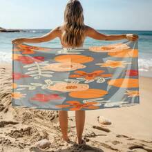 1件装，蓝橙色花卉图案沙滩巾，轻便、速干、吸水性强，71英寸 x 31.5英寸