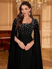 UNITHORSE Women Square Collar Rhinestone & Sequin Sleeve Solid Color Chiffon Evening Party Bridesmaid Dress, Wedding Guest Dress, Formal Dress, Bride Dress, Birthday Women Outfits, Graduation Dress, Gown - 黑色 - 查看 3